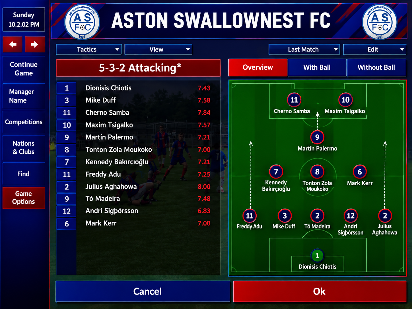 Football Manager tactics screen showing an Aston Swallownest FC 5-3-2 formation